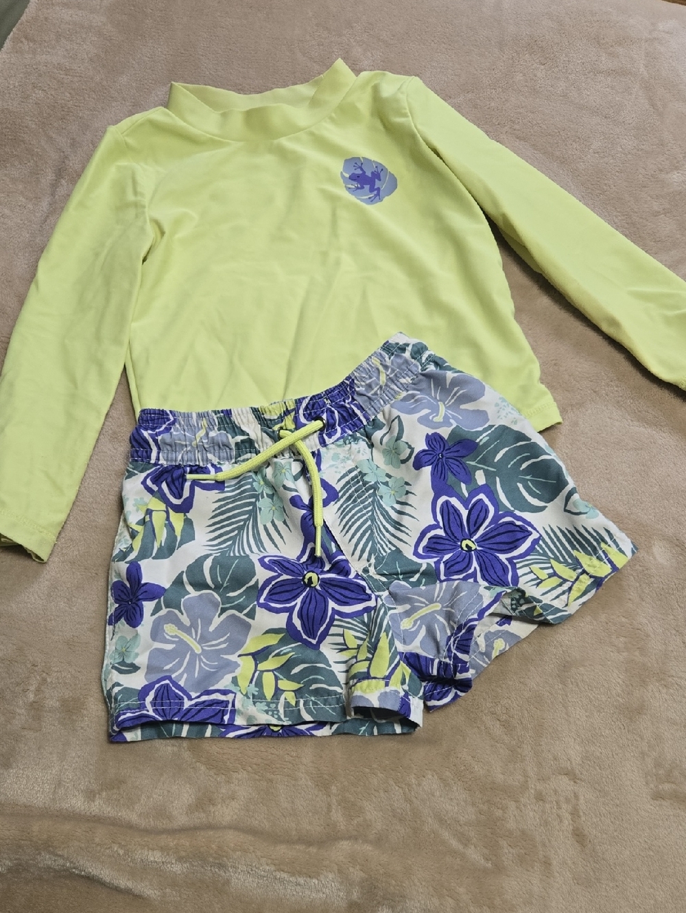 Lime Green Rash Guard Top with Floral Swim Shorts